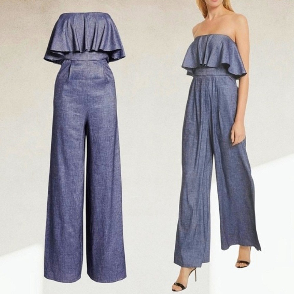 Milly‎ Chambray Ruffle Front Strapless Jumpsuit Sz 6 Blue Wide Leg